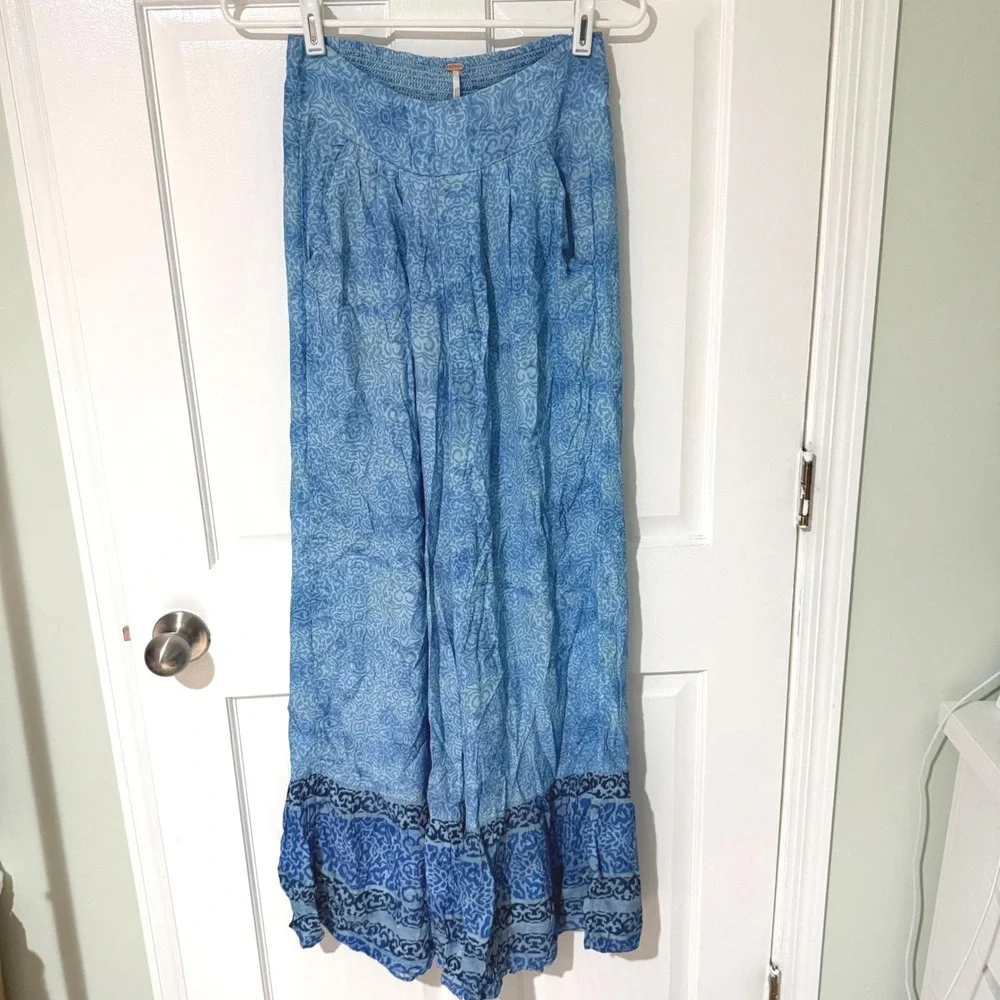Free People Blue Damask Print Smocked Wide Leg Boho Pants OB1551211 Small